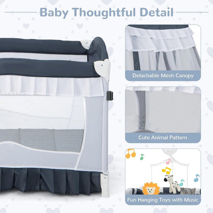 Portable Baby Playard Crib Bassinet Bed W/ Table Canopy Music Box