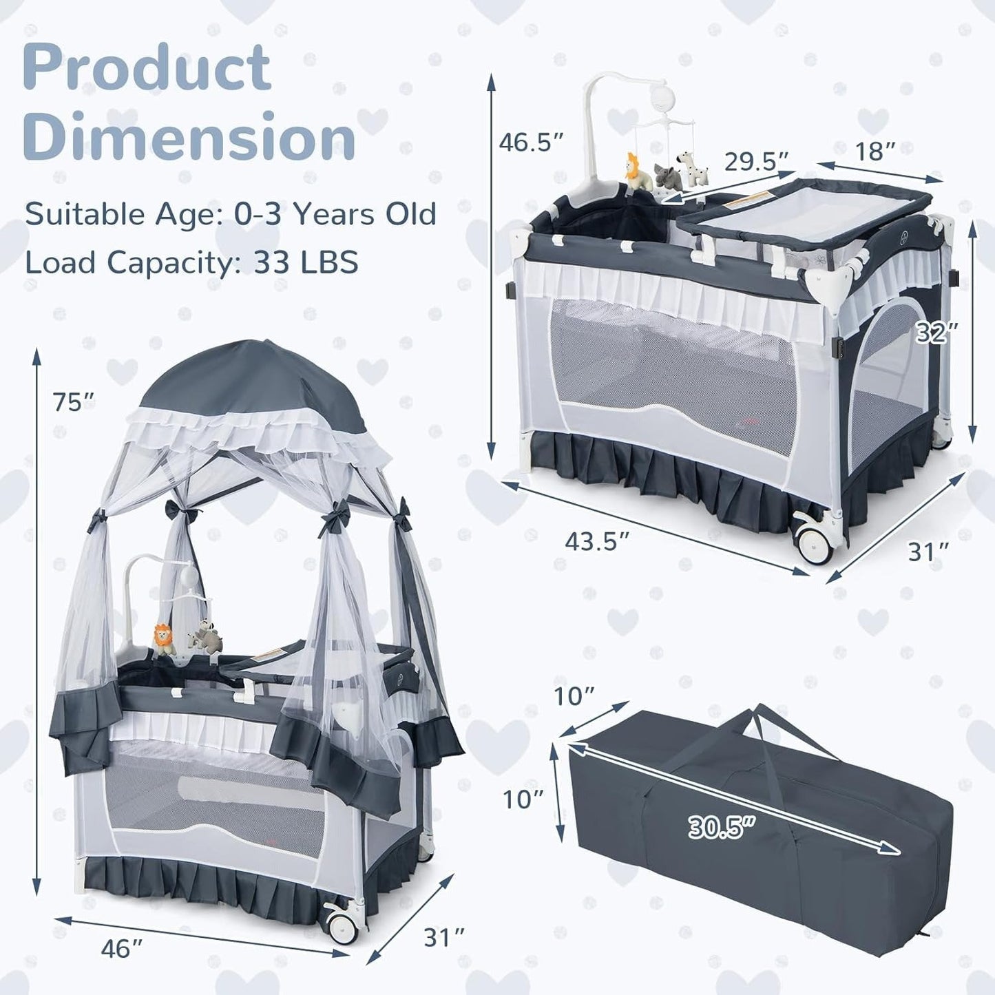 Portable Baby Playard Crib Bassinet Bed W/ Table Canopy Music Box