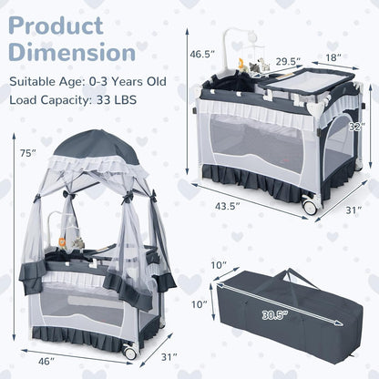Portable Baby Playard Crib Bassinet Bed W/ Table Canopy Music Box