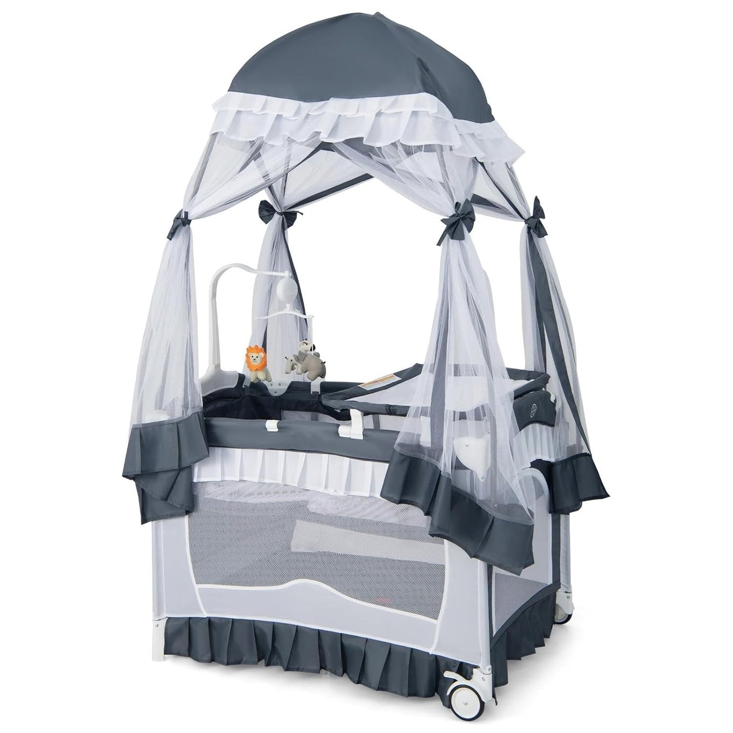Portable Baby Playard Crib Bassinet Bed W/ Table Canopy Music Box
