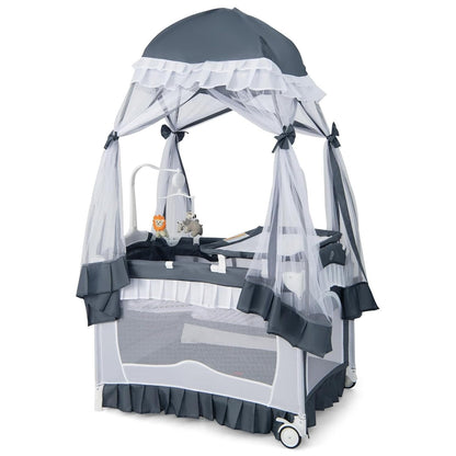 Portable Baby Playard Crib Bassinet Bed W/ Table Canopy Music Box