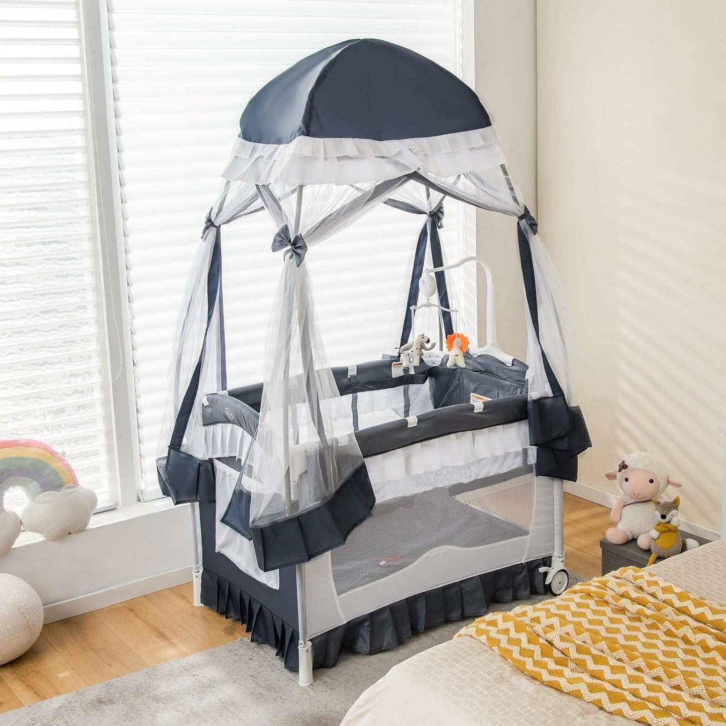 Portable Baby Playard Crib Bassinet Bed W/ Table Canopy Music Box