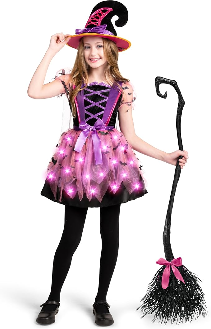 Girls Light Up Witch Costume - Kids Halloween Set with Hat & Broom – Ventayo