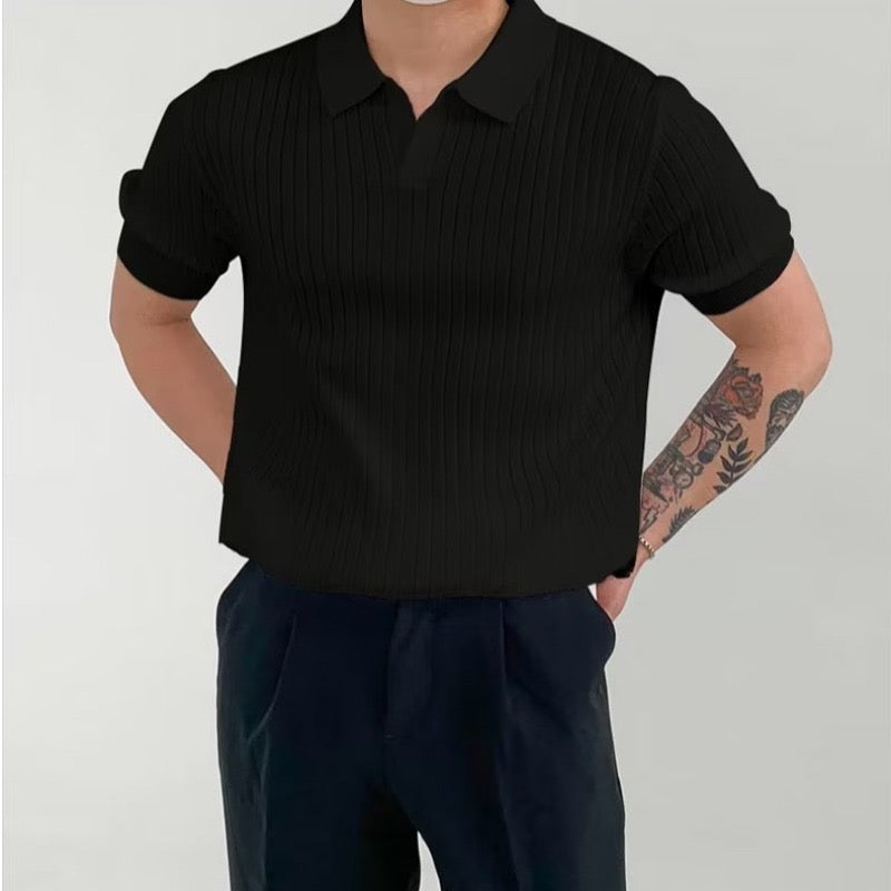 CHUNCHEON Casual Polo – Men’s Cotton-Blend V-Neck Polo Shirt with Ribbed Texture