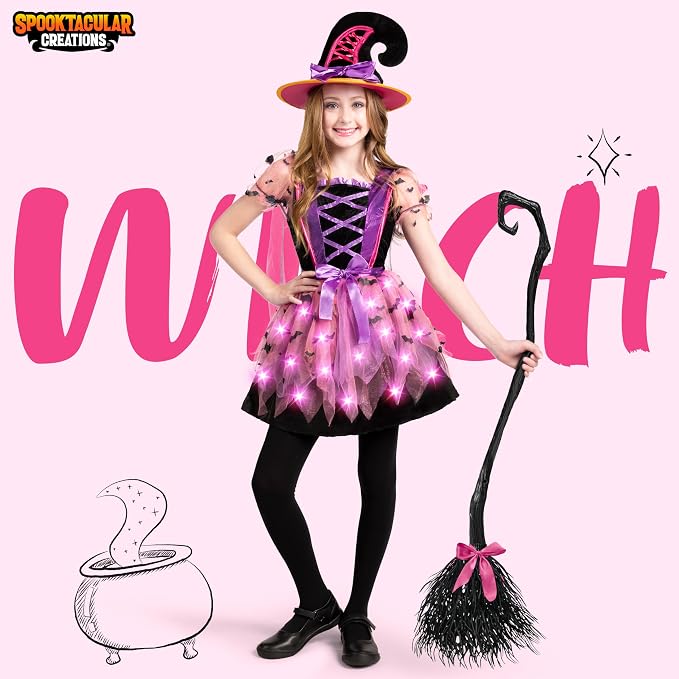 Girls Light Up Witch Costume - Kids Halloween Set with Hat & Broom – Ventayo