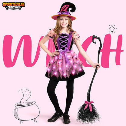 Girls Light Up Witch Costume - Kids Halloween Set with Hat & Broom – Ventayo