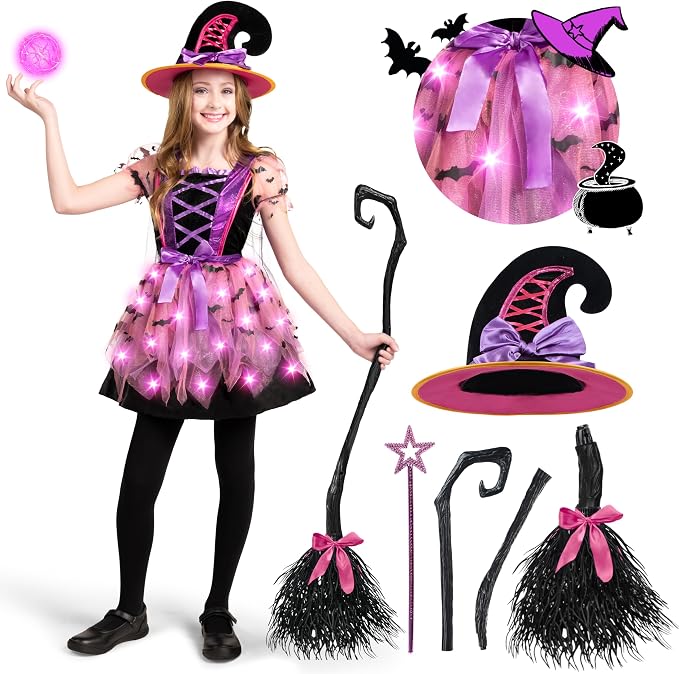Girls Light Up Witch Costume - Kids Halloween Set with Hat & Broom – Ventayo