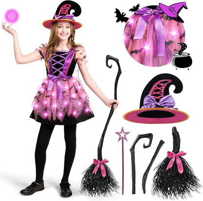 Girls Light Up Witch Costume - Kids Halloween Set with Hat & Broom – Ventayo