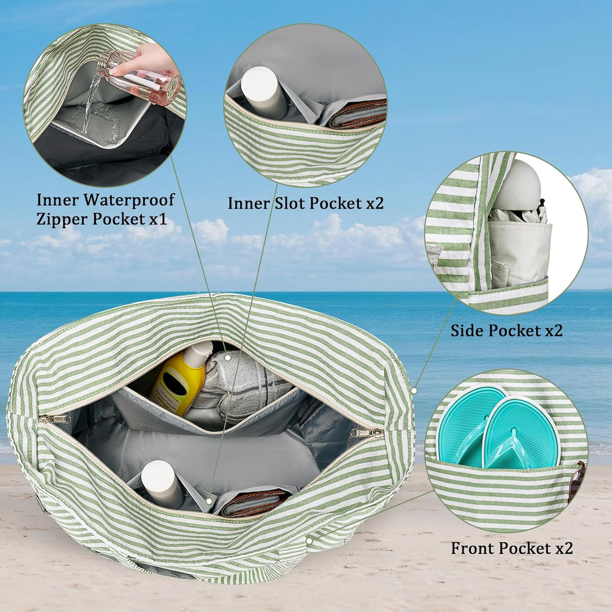 Ventayo – Coastal Collection | Large Waterproof Beach Tote Bag with Zipper & Wet Pocket | Versatile for Travel, Gym, and Grocery