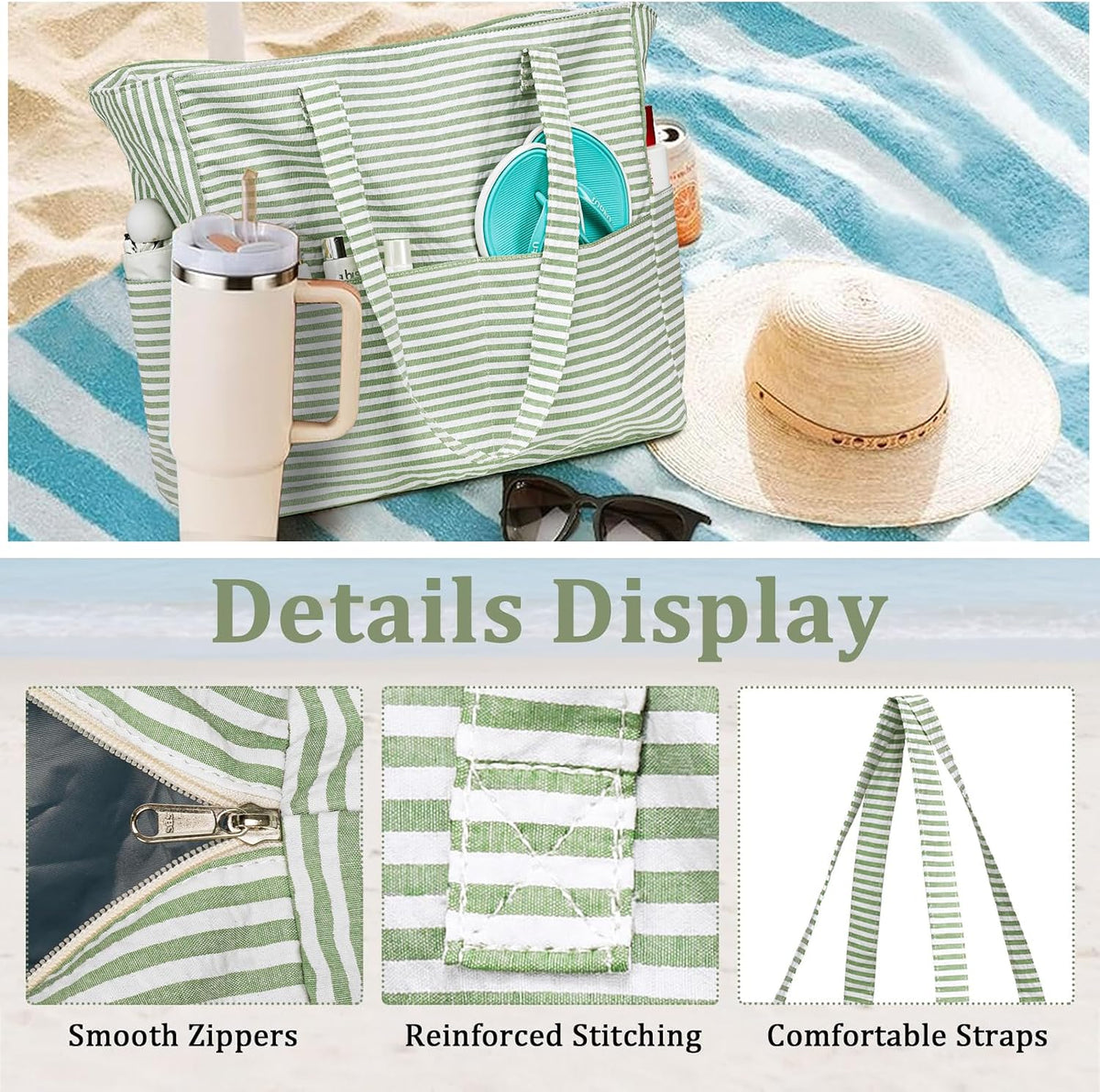 Ventayo – Coastal Collection | Large Waterproof Beach Tote Bag with Zipper & Wet Pocket | Versatile for Travel, Gym, and Grocery