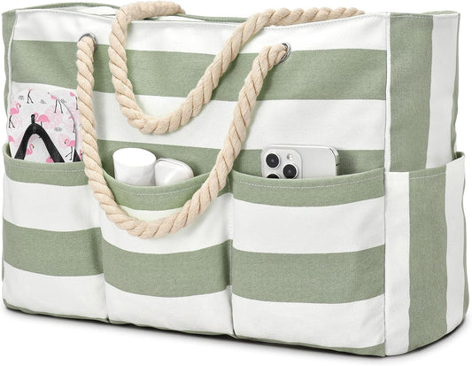 Ventayo – Large Canvas Beach Tote Bag with Zipper & Waterproof Design | Versatile 7-Pocket Storage for Sand-Free Fun