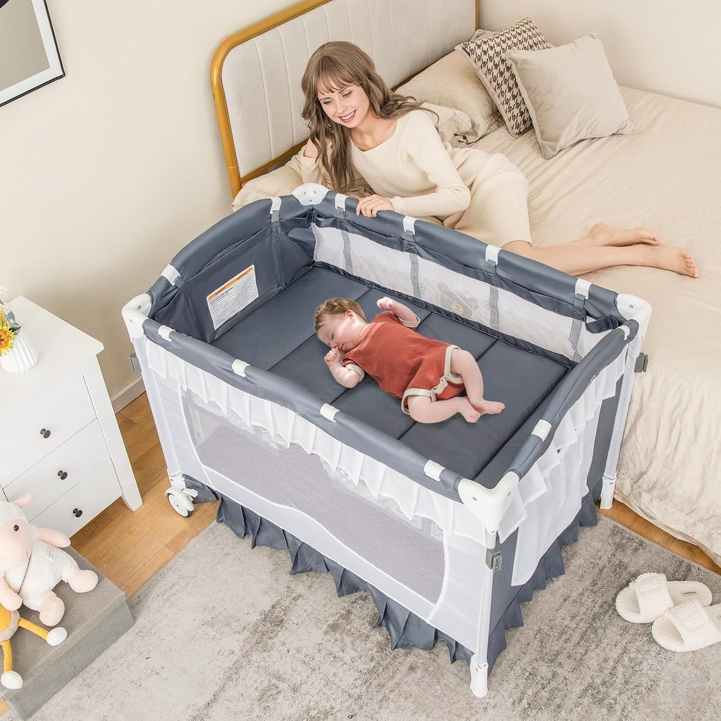 Portable Baby Playard Crib Bassinet Bed W/ Table Canopy Music Box