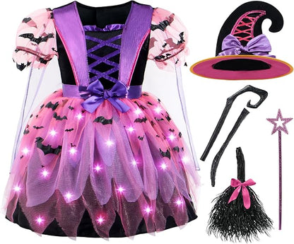 Girls Light Up Witch Costume - Kids Halloween Set with Hat & Broom – Ventayo