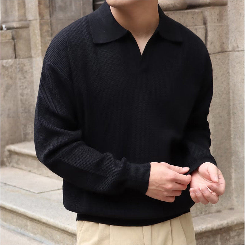 BUSAN Old Money V-Neck Polo – Men’s 100% Cotton Buttonless Long Sleeve Polo Shirt