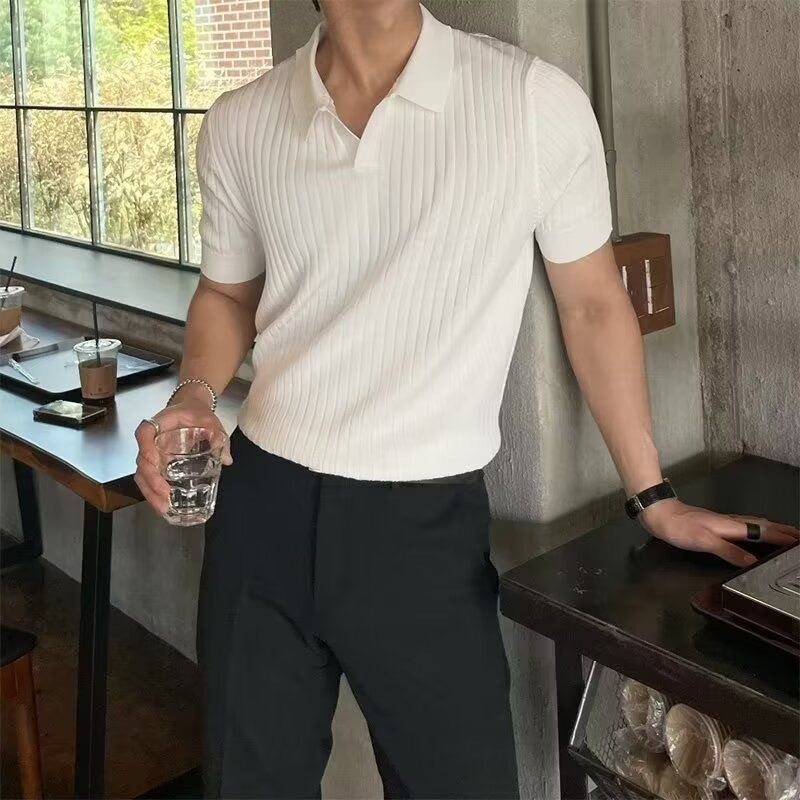 CHUNCHEON Casual Polo – Men’s Cotton-Blend V-Neck Polo Shirt with Ribbed Texture