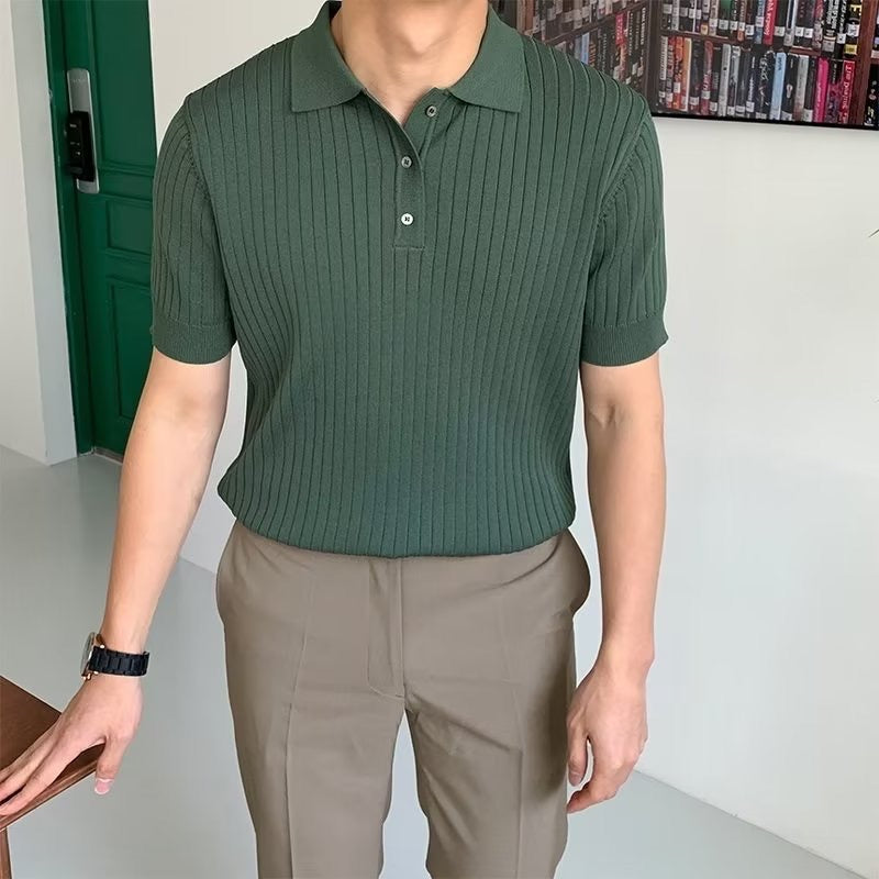 GIMCHEON Knitted Polo Shirt – Men’s 100% Cotton Ribbed Short Sleeve Polo with Button Closure