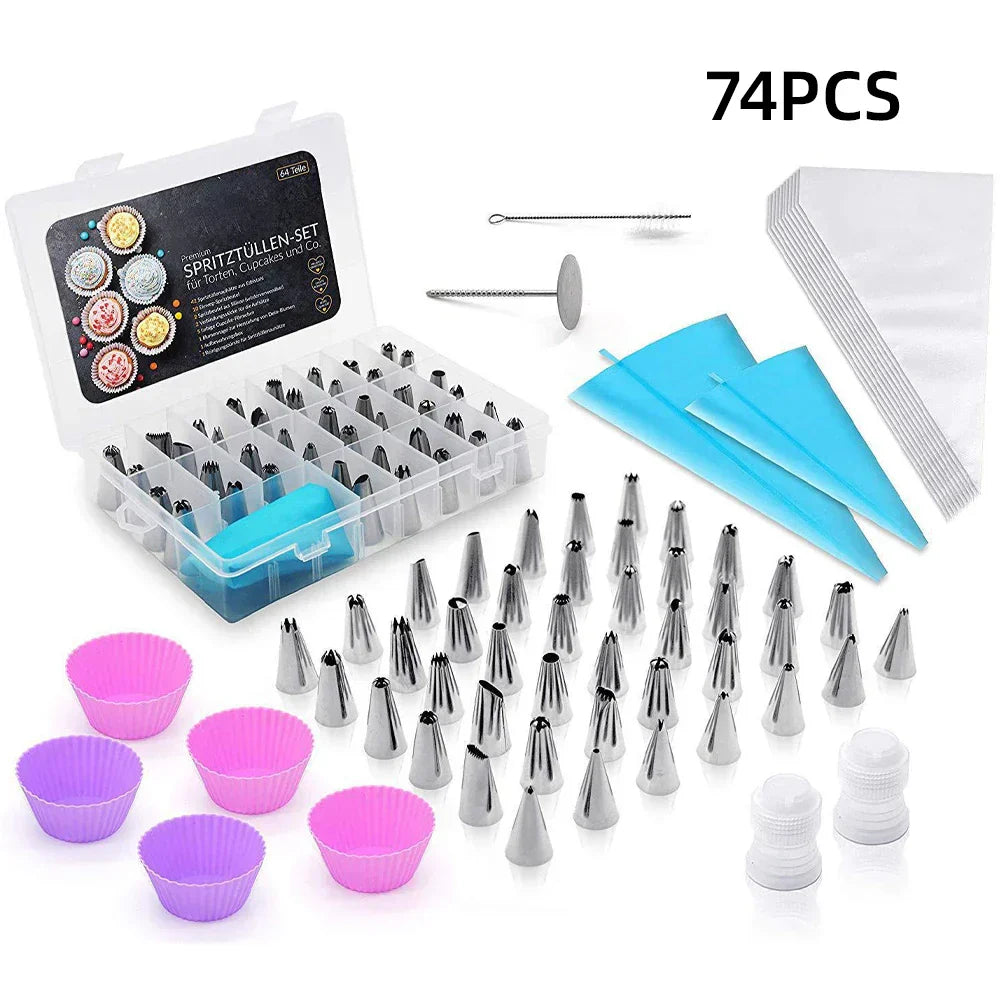 66/74-Piece Professional Cake Decorating Set – Stainless Steel Nozzles & Tools