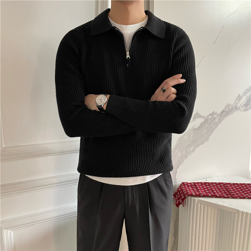 GONGJU Gebreide Trui met Rits – Heren 100% Katoen Gebreide Half-Rits Pullover met Geribbelde Textuur