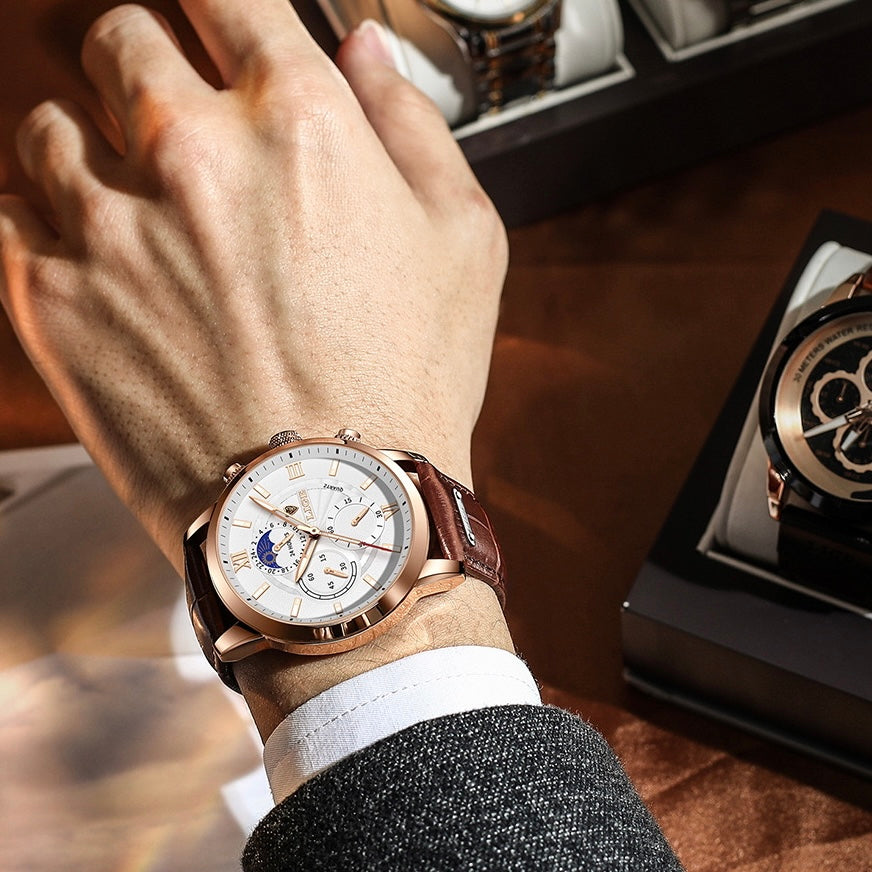 RICHELIEU Classic Watch – Men’s Luxury Waterproof Quartz Watch with Leather Strap & Glow-in-the-Dark Dial