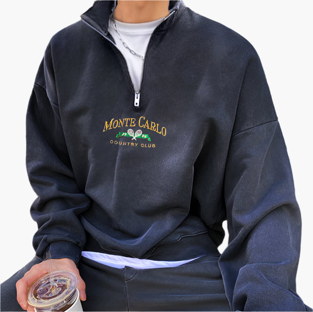 MONTE CARLO Vintage Quarter-Zip – Premium herenpullover met “Monte Carlo Country Club” borduursel
