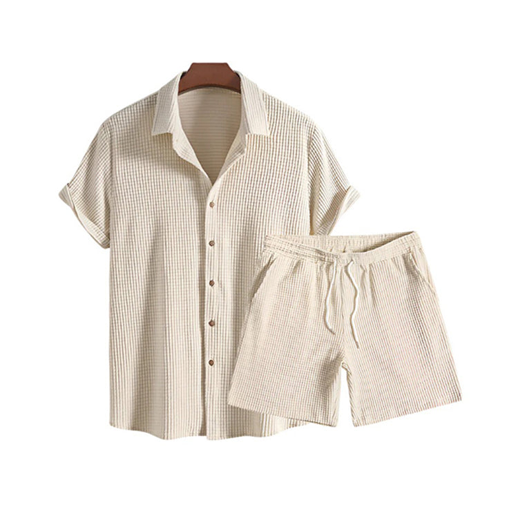 Roma Luce Men’s Summer Outfit Set – Waffle-Textured Cotton-Blend Shirt & Shorts