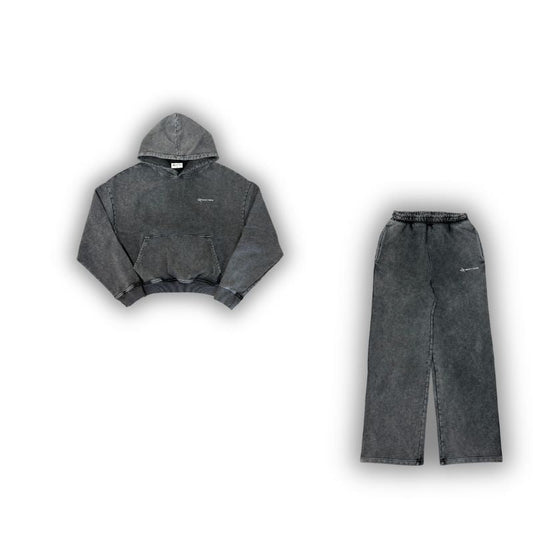 Gray hoodie and pants set on a white background