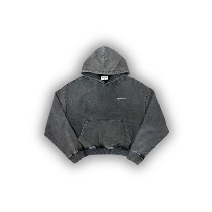 Gray hoodie with a brand logo on a white background