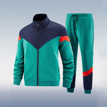Green and navy tracksuit with red accents on a light gray background
