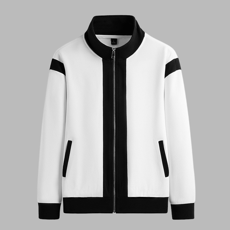 White jacket with black accents on a gray background