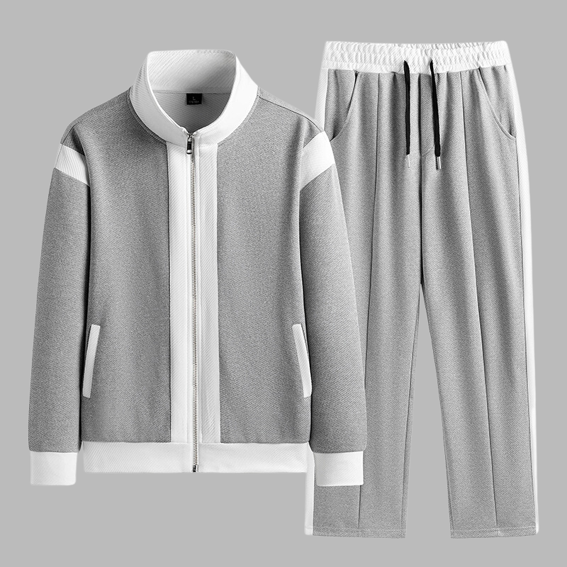 Gray tracksuit with white accents on a gray background