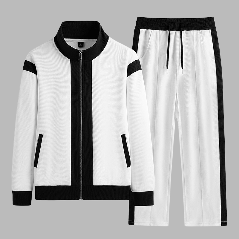 White tracksuit with black accents on a gray background