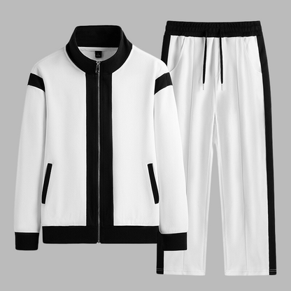 White tracksuit with black accents on a gray background
