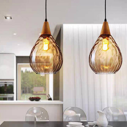 Lámpara colgante vintage en forma de lágrima, vidrio/madera