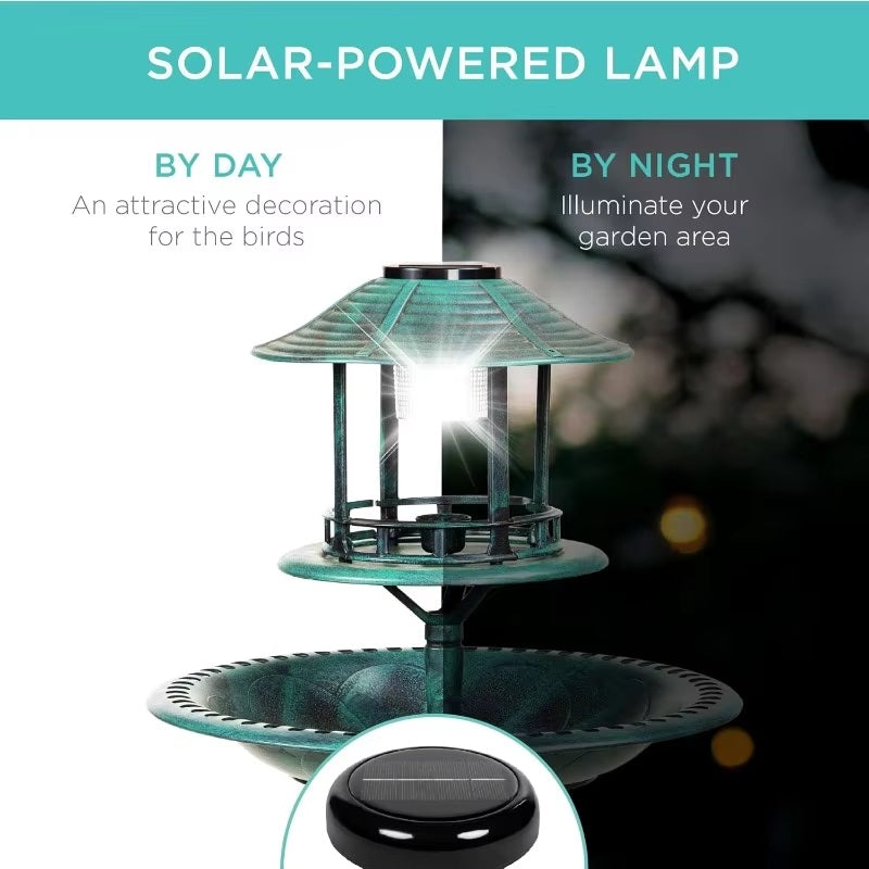 Sólknúinn fuglabaðstóll á standi með innbyggðum plöntugrind og LED-lampa