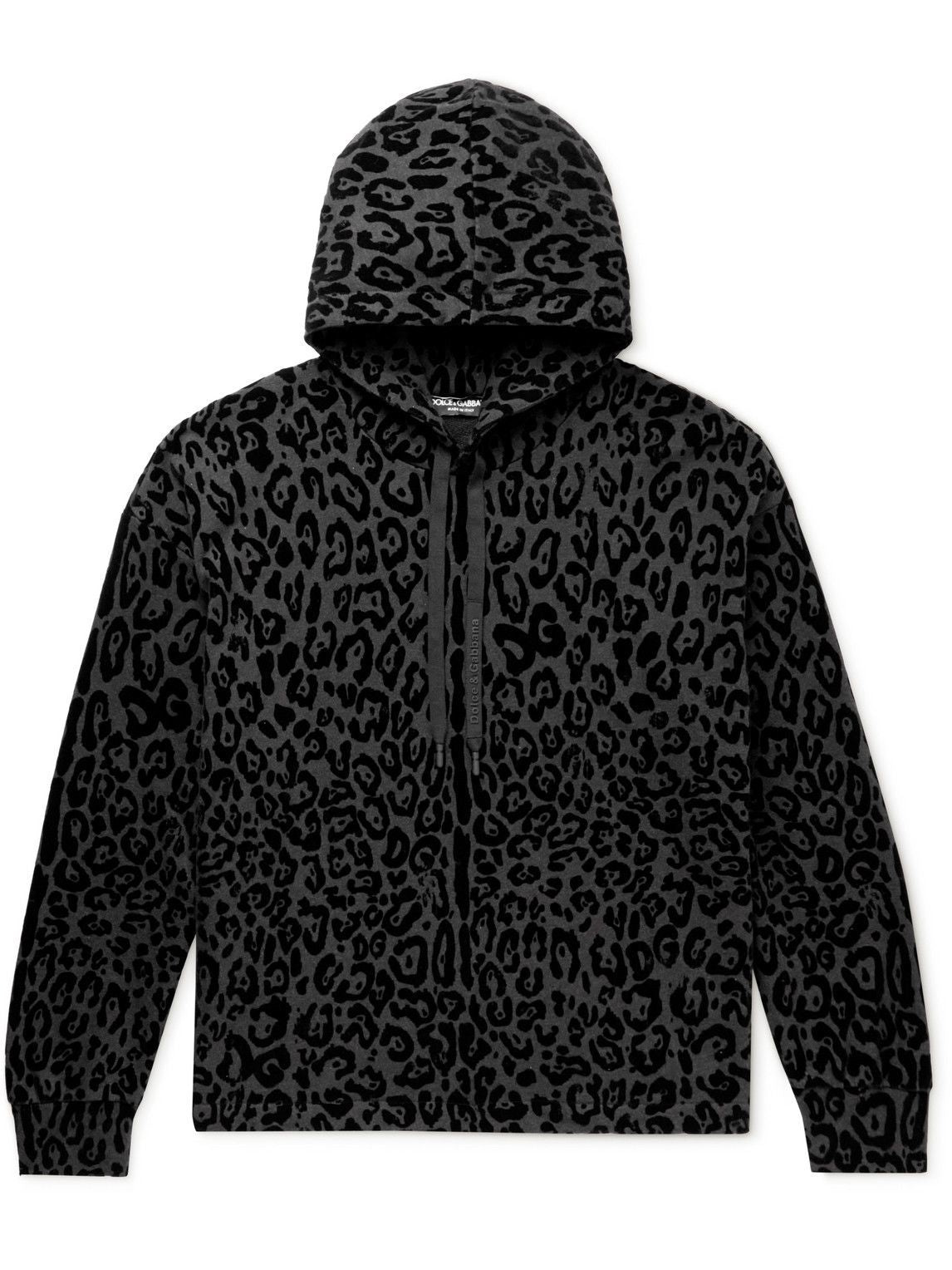 Black hoodie with leopard print pattern on a white background