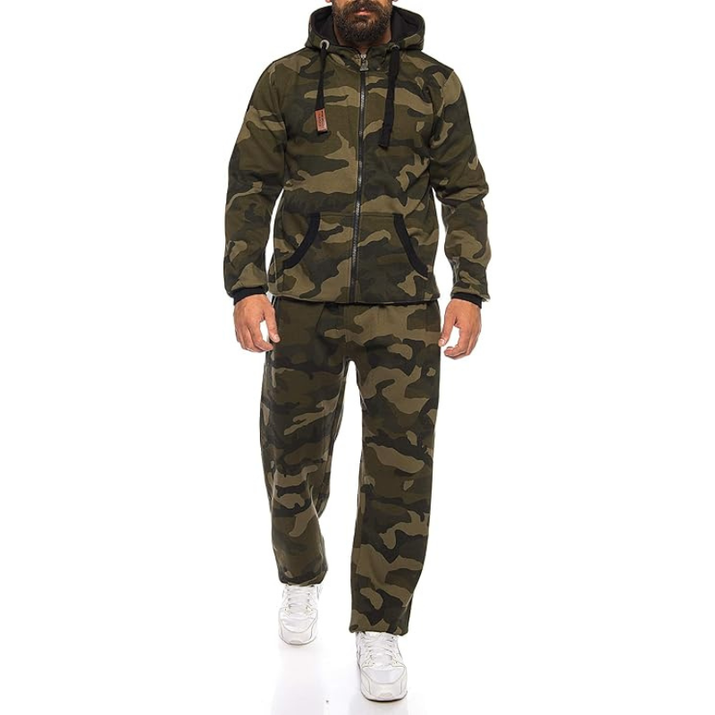 Person wearing a camouflage tracksuit on a white background