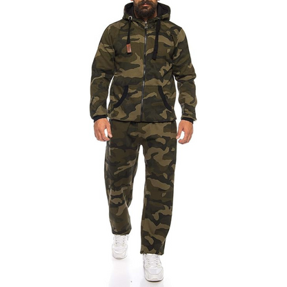 Person wearing a camouflage tracksuit on a white background
