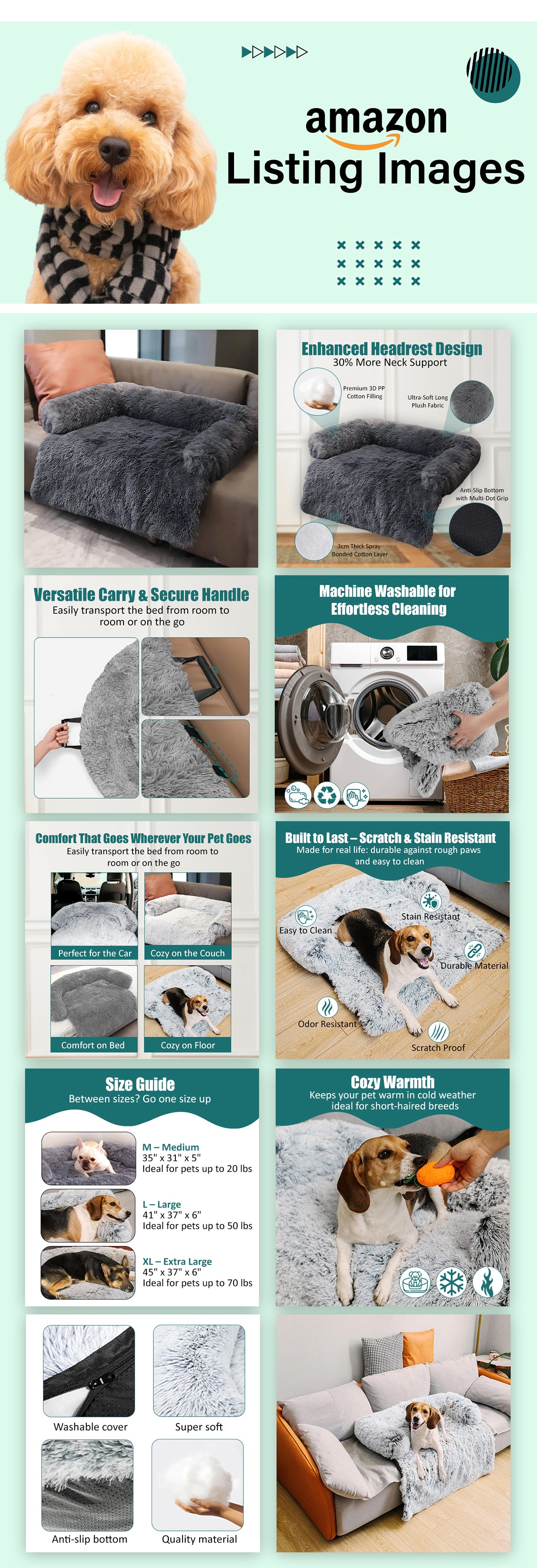 Protège-meubles apaisant pour lit de chien avec dossier confortable