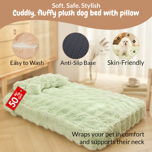 Lit pour chien en peluche moelleuse et câline avec oreiller – Confort ultra-doux