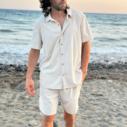 Roma Luce Men’s Summer Outfit Set – Waffle-Textured Cotton-Blend Shirt & Shorts