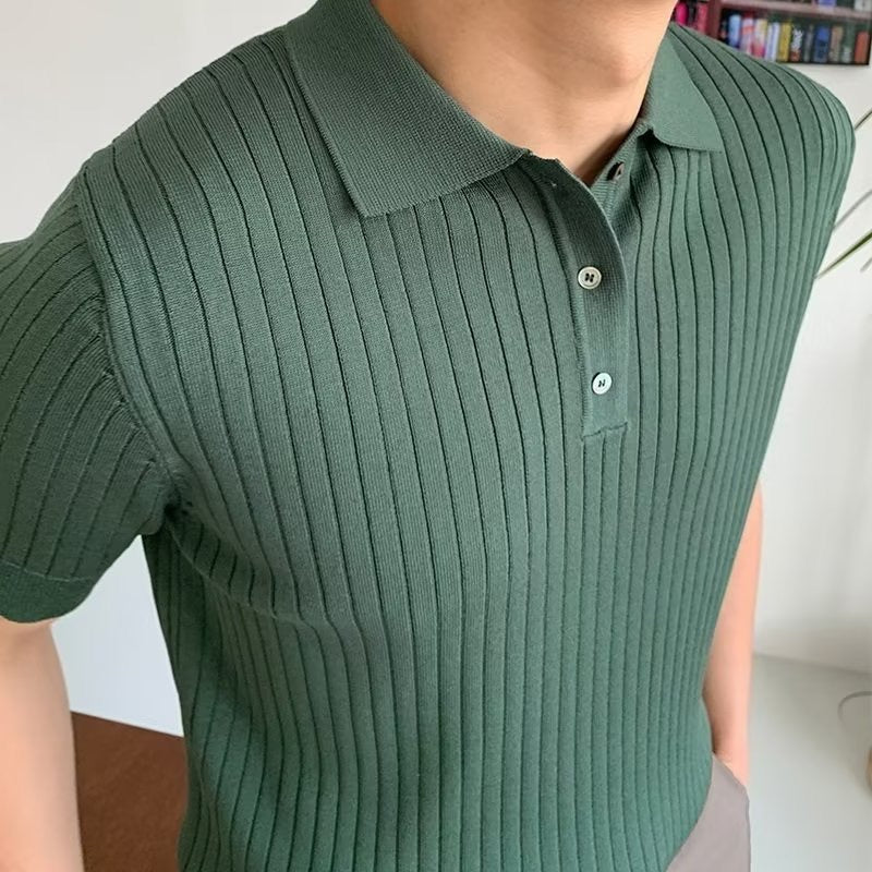 GIMCHEON Knitted Polo Shirt – Men’s 100% Cotton Ribbed Short Sleeve Polo with Button Closure