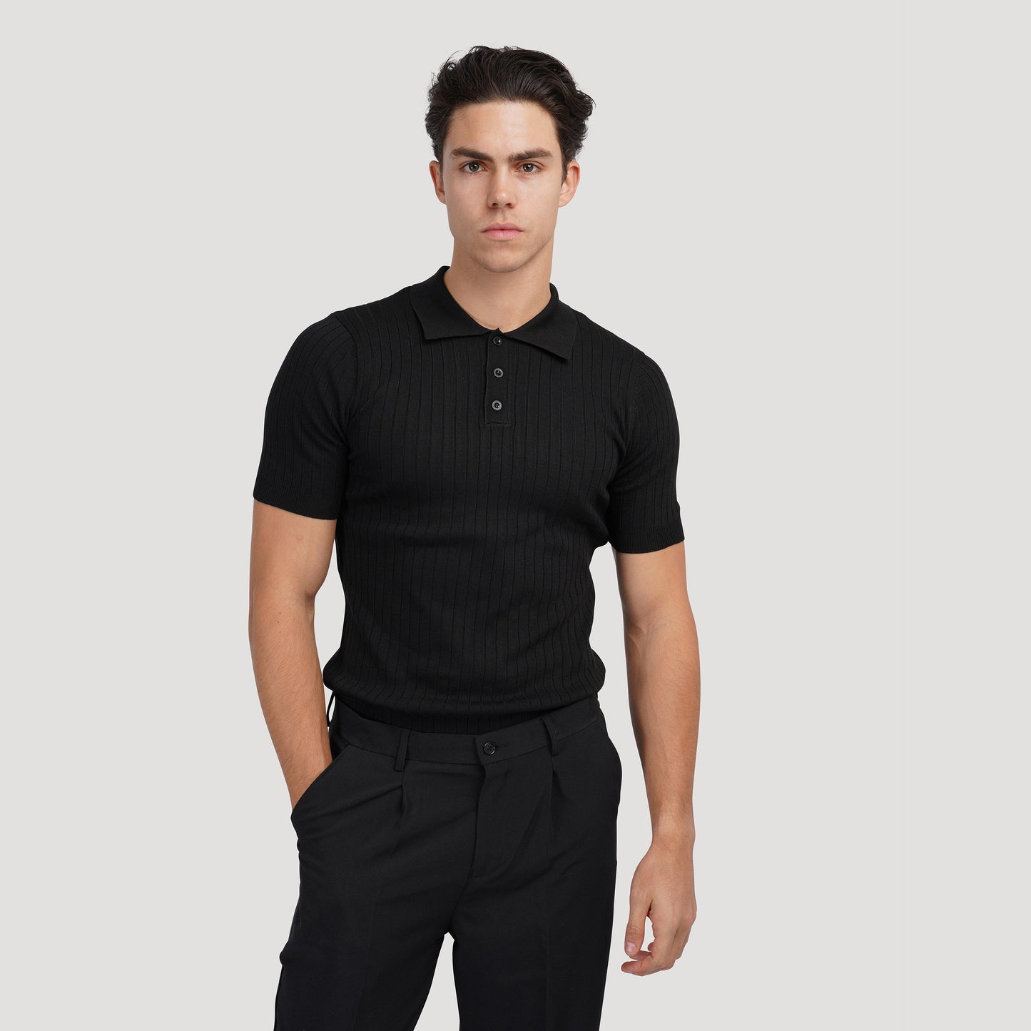 GIMCHEON Knitted Polo Shirt – Men’s 100% Cotton Ribbed Short Sleeve Polo with Button Closure