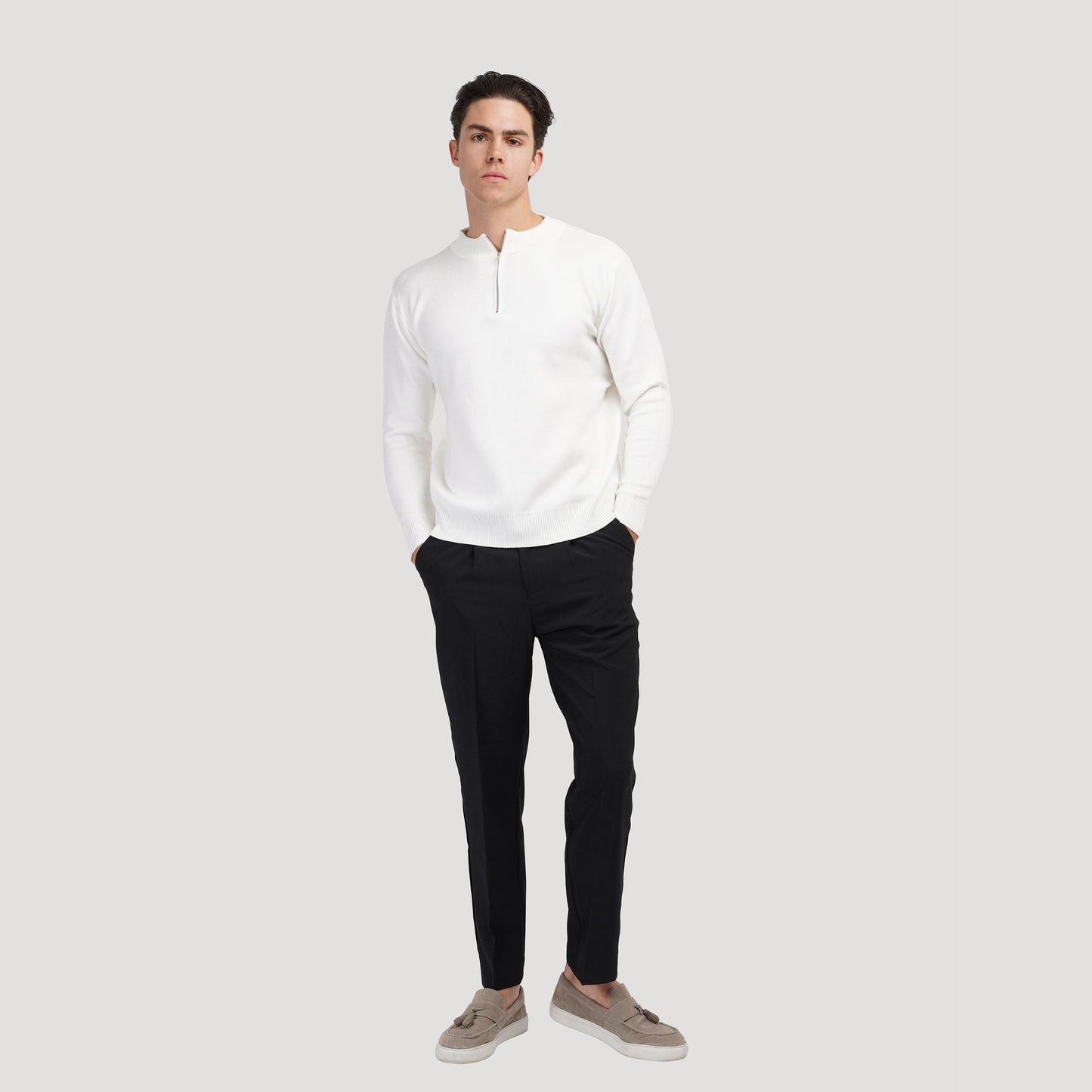 ANSEONG Men’s Fine Quarter Zip Sweater – 100% Cotton with High Neck Collar