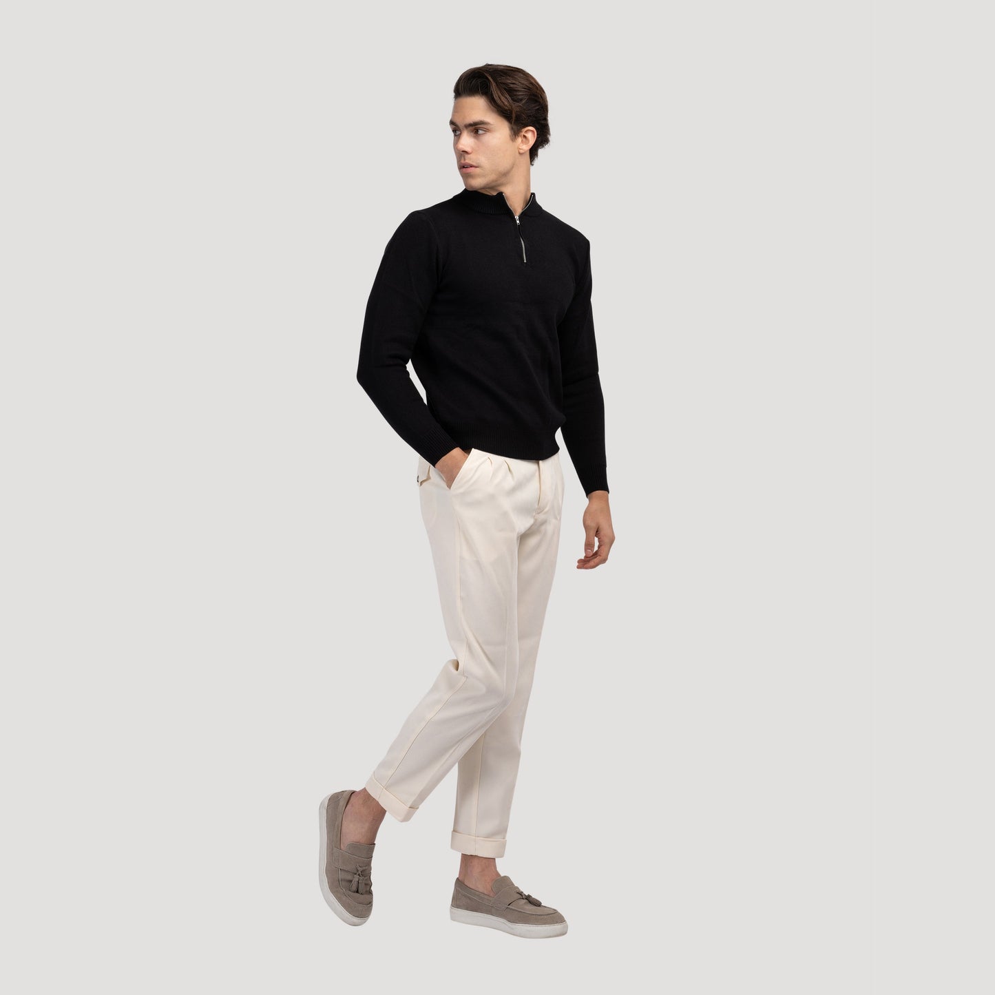 ANSEONG Men’s Fine Quarter Zip Sweater – 100% Cotton with High Neck Collar
