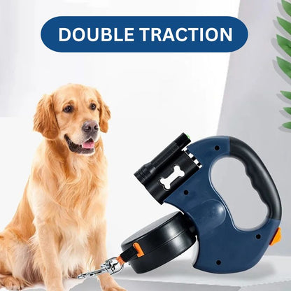 10FT Dual Retractable Dog Leash with Built-In Flashlight & Waste Bag Holder