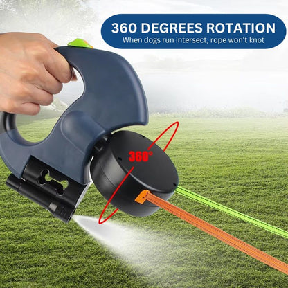 10FT Dual Retractable Dog Leash with Built-In Flashlight & Waste Bag Holder