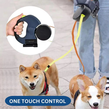 10FT Dual Retractable Dog Leash with Built-In Flashlight & Waste Bag Holder