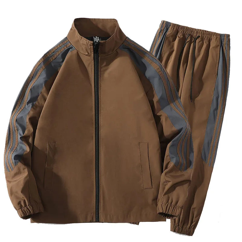 Brown jacket and pants set on a white background