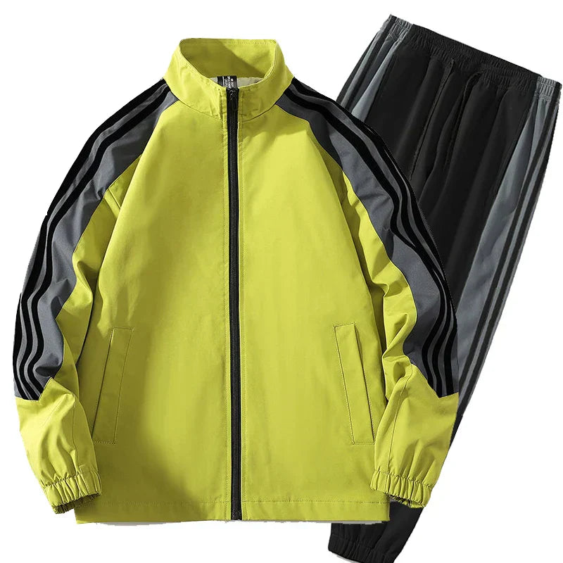 Yellow tracksuit with black and gray stripes on a white background