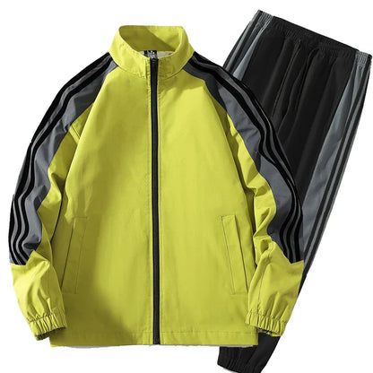 Yellow tracksuit with black and gray stripes on a white background